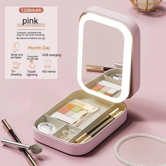 Portable makeup box with LED mirror, touch light, compact storage organizer.