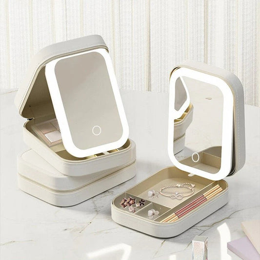 Portable makeup box with LED mirror, touch light, compact storage organizer.