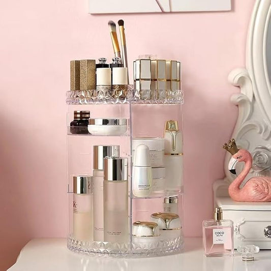 Rotating cosmetic organizer: convenient, compact, stylish, multi-tiered, space-saving, durable, swivel, versatile, elegant, practical.