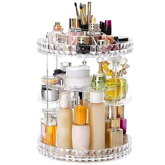 Rotating cosmetic organizer: convenient, compact, stylish, multi-tiered, space-saving, durable, swivel, versatile, elegant, practical.